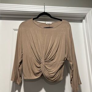 Mikey & Joey Tan Long Sleeve Crop Top with Front Knot Size Small